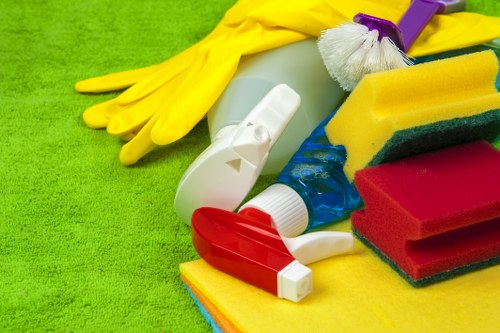 Office cleaning team maintaining a bright conference room